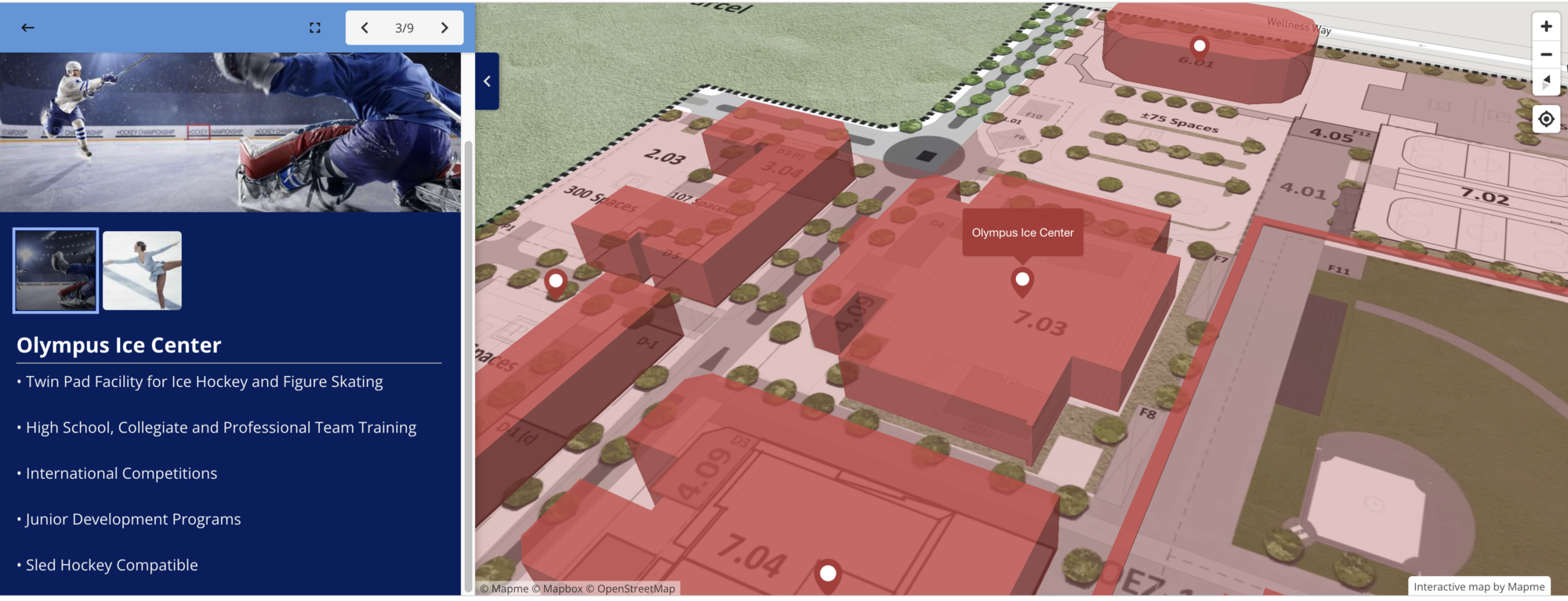 ice rink red building highlighted on map